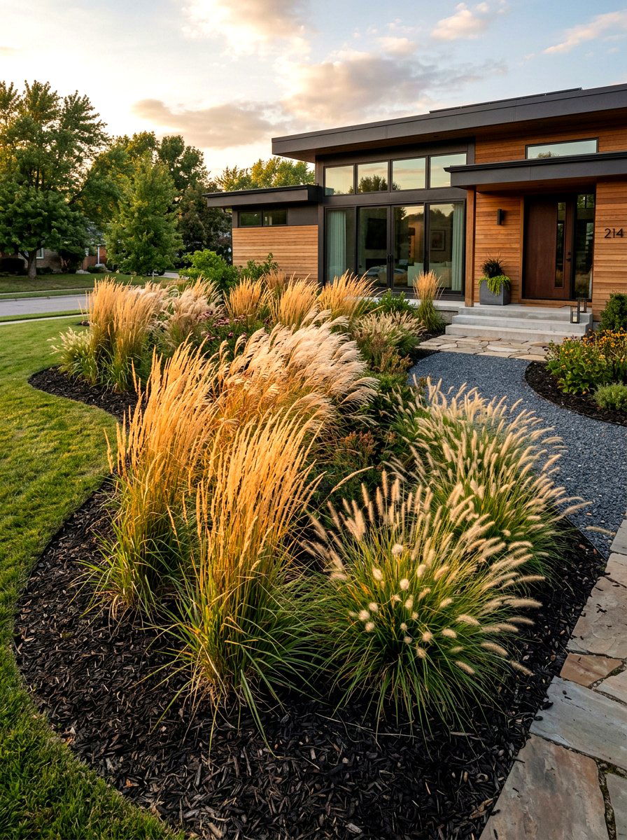 Ornamental grass landscape - 30 low maintenance front yard ideas