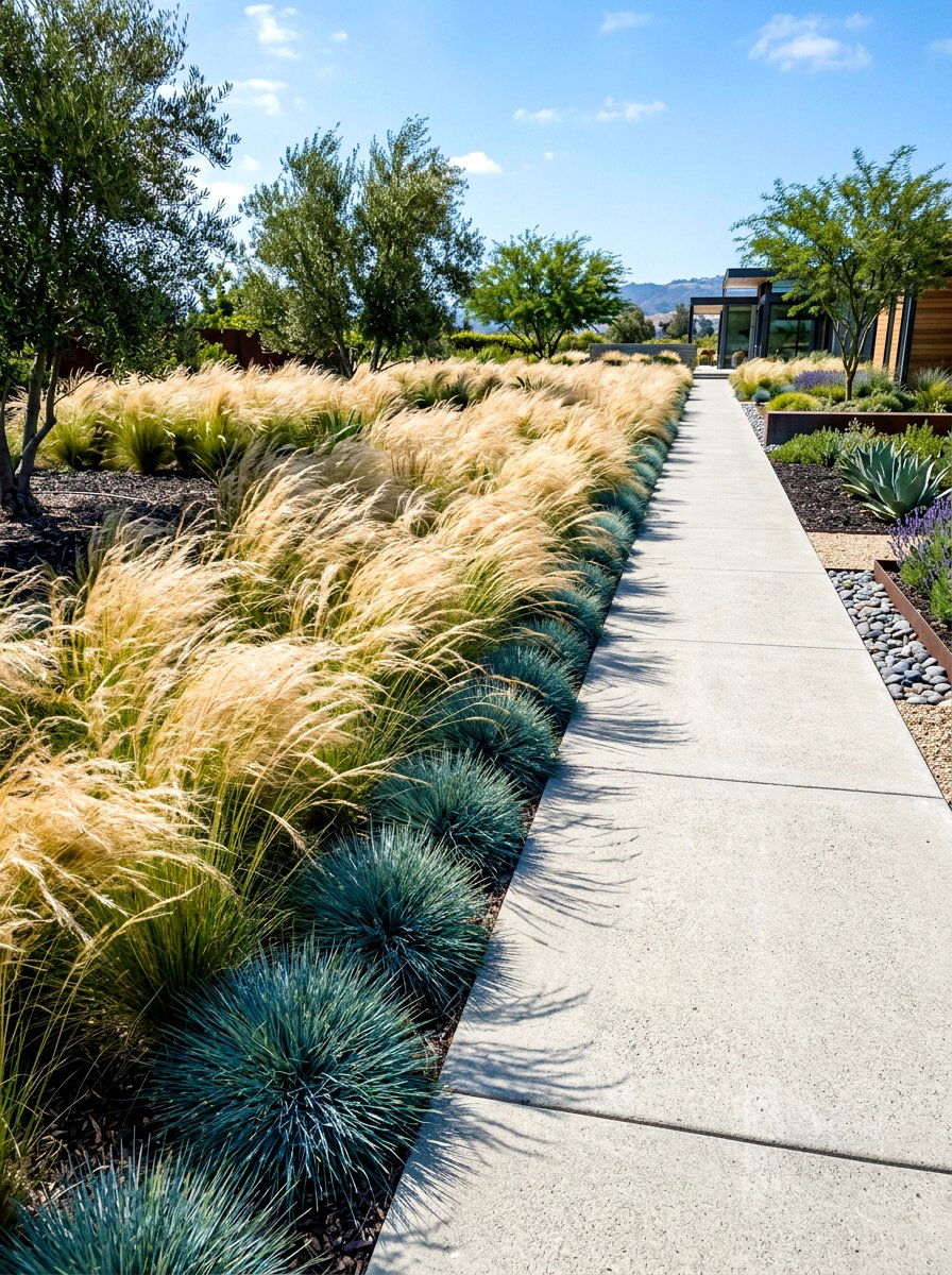 Ornamental grass sidewalk border - 30 hellstrip garden ideas