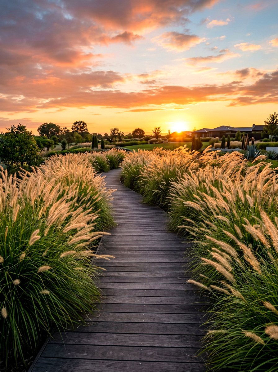 Ornamental grass walkway - 30 front path flower bed ideas