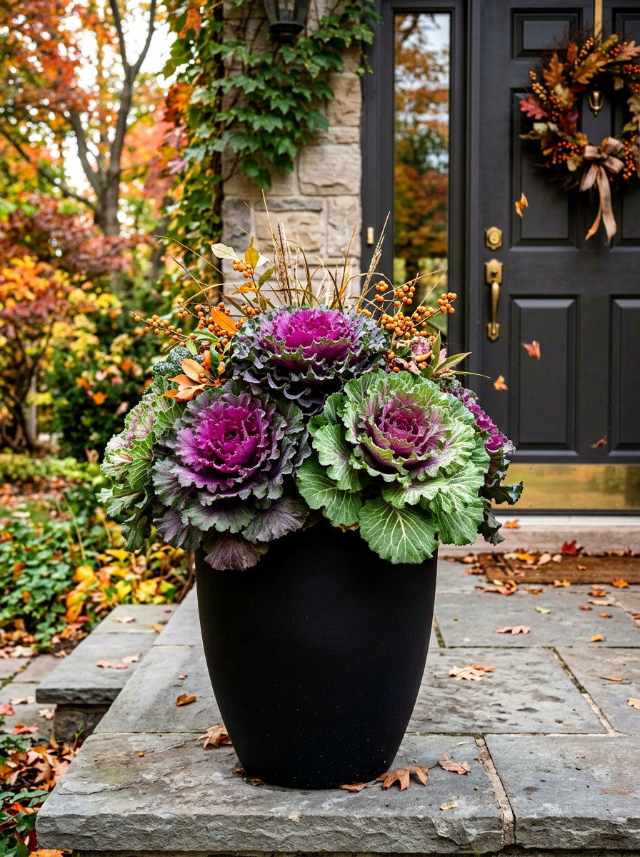 Ornamental kale porch urn - 30 porch urn planter ideas