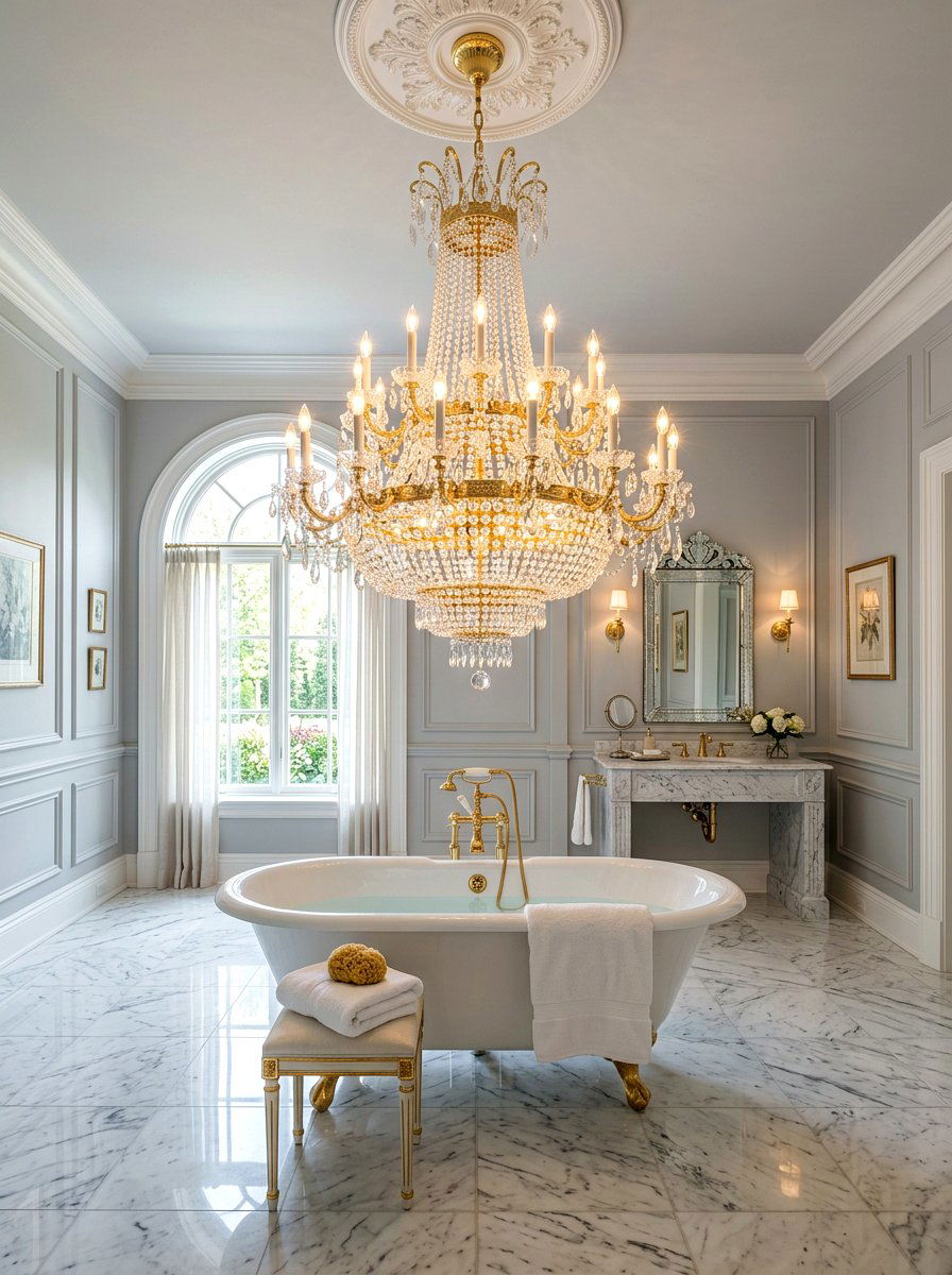 Ornate Chandelier Lighting - 30 art deco bathroom ideas