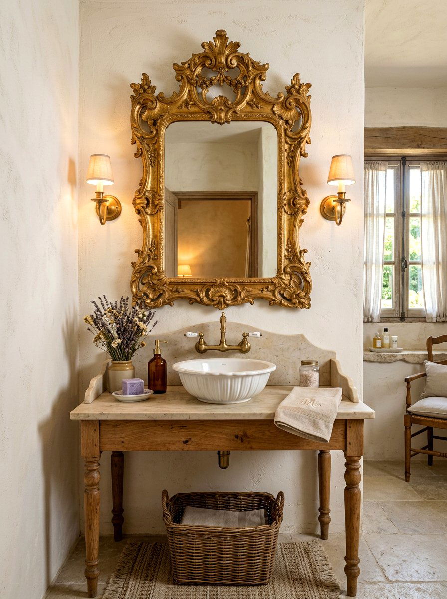 Ornate Gold Mirror Above Sink - 30 French country bathroom ideas