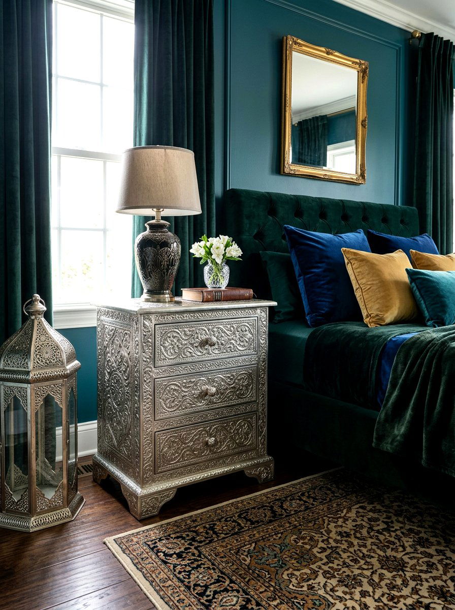 Ornate Silver Nightstand - 30 Moroccan bedroom ideas