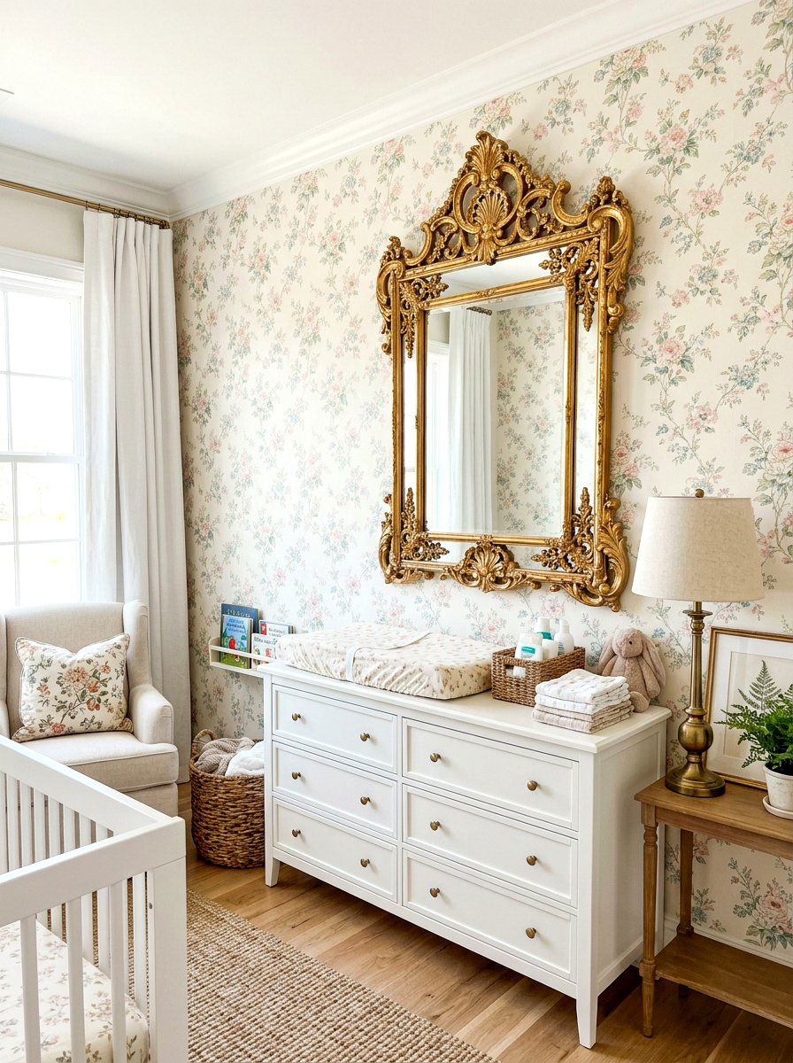 Ornate Wall Mirror - 30 soft heirloom nursery ideas