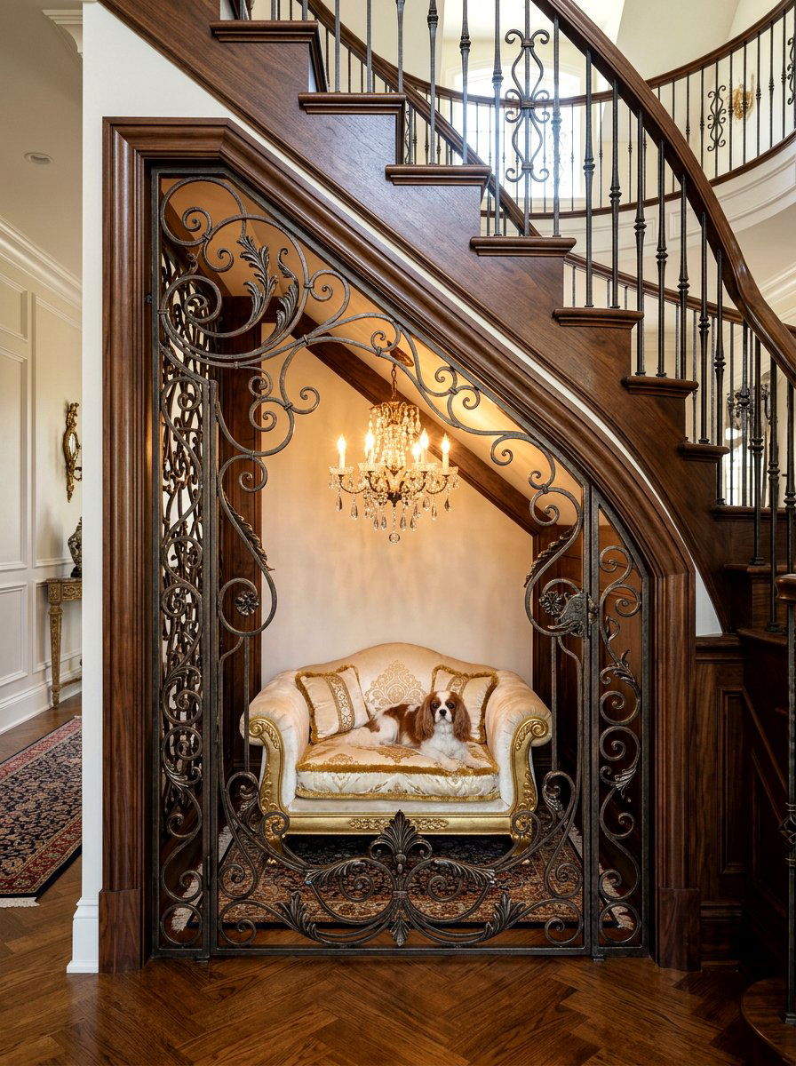 Ornate Wrought Iron Dog Gate - 30 under stairs dog nook ideas
