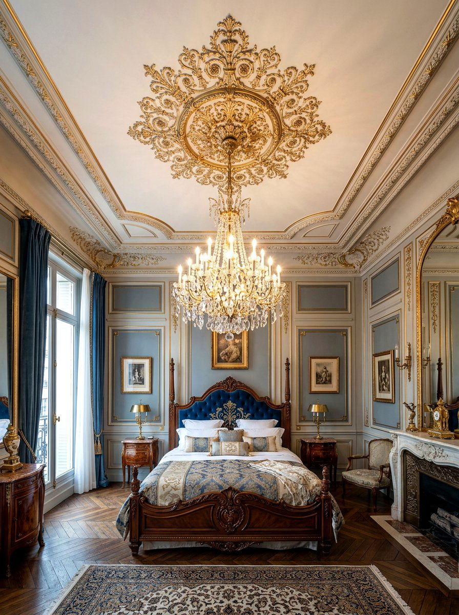 Ornate ceiling medallion - 30 Parisian hotel bedroom ideas