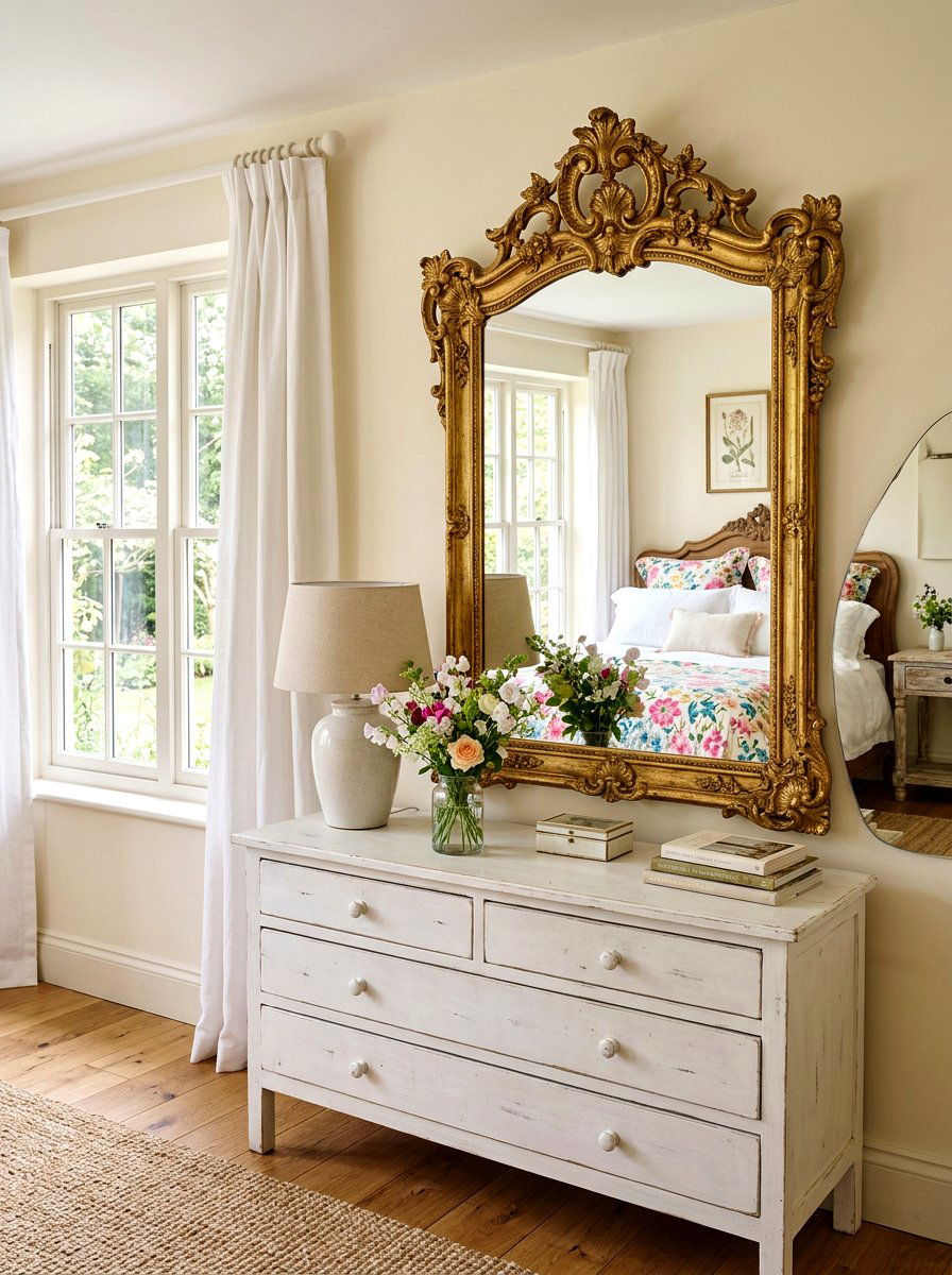 Ornate gold mirror - 30 romantic cottage bedroom ideas