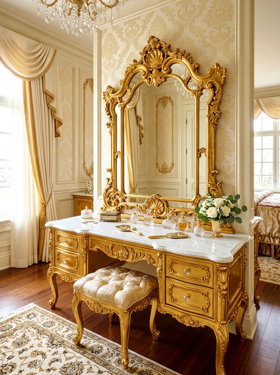 Ornate gold mirror vanity - 30 coquette bathroom ideas