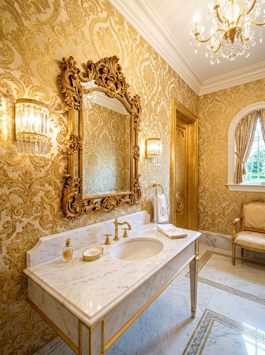 Ornate gold wallpaper - 30 jewel box powder room wallpaper ideas