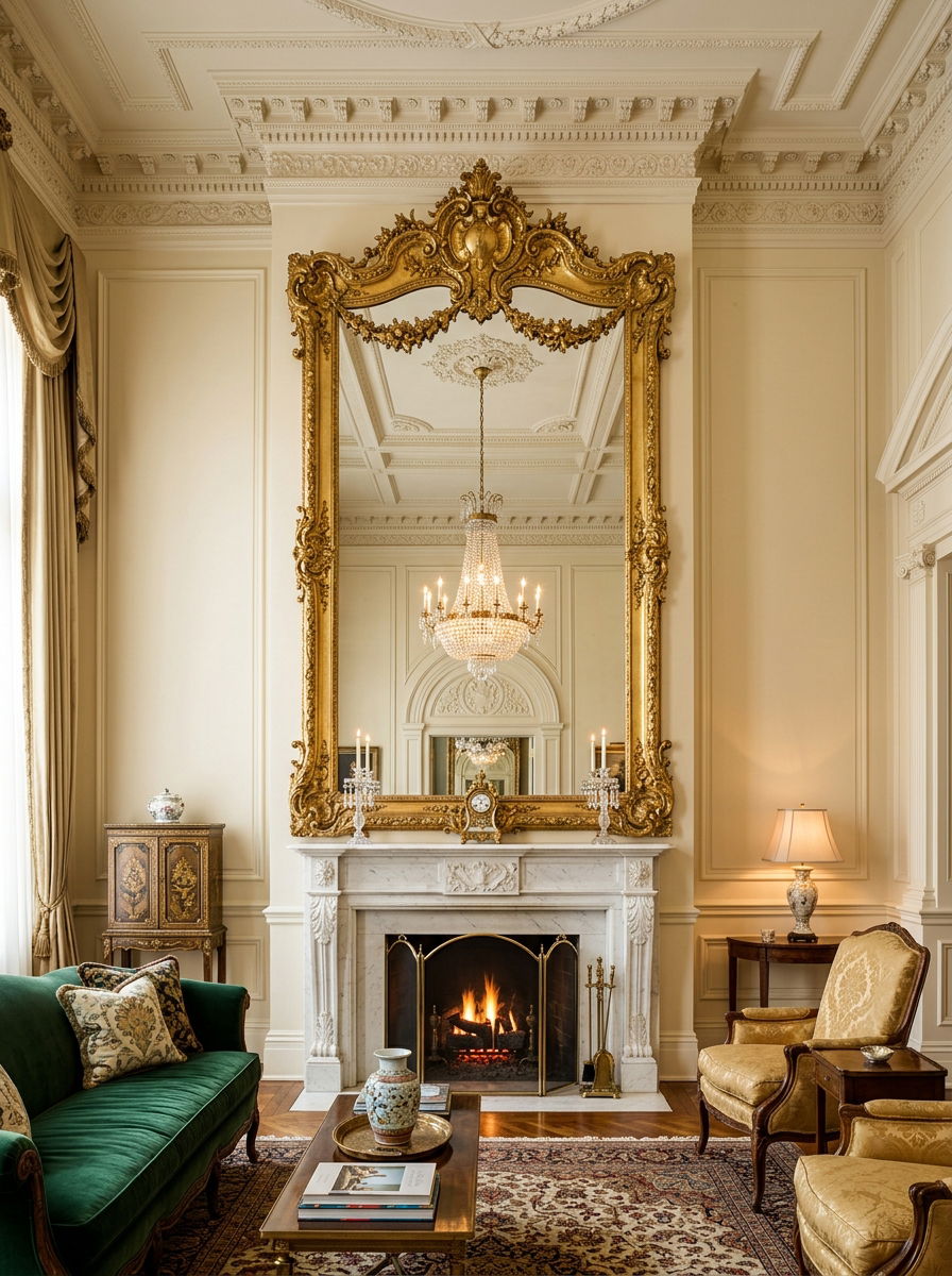 Ornate mirror living room - 30 heritage lounge room ideas