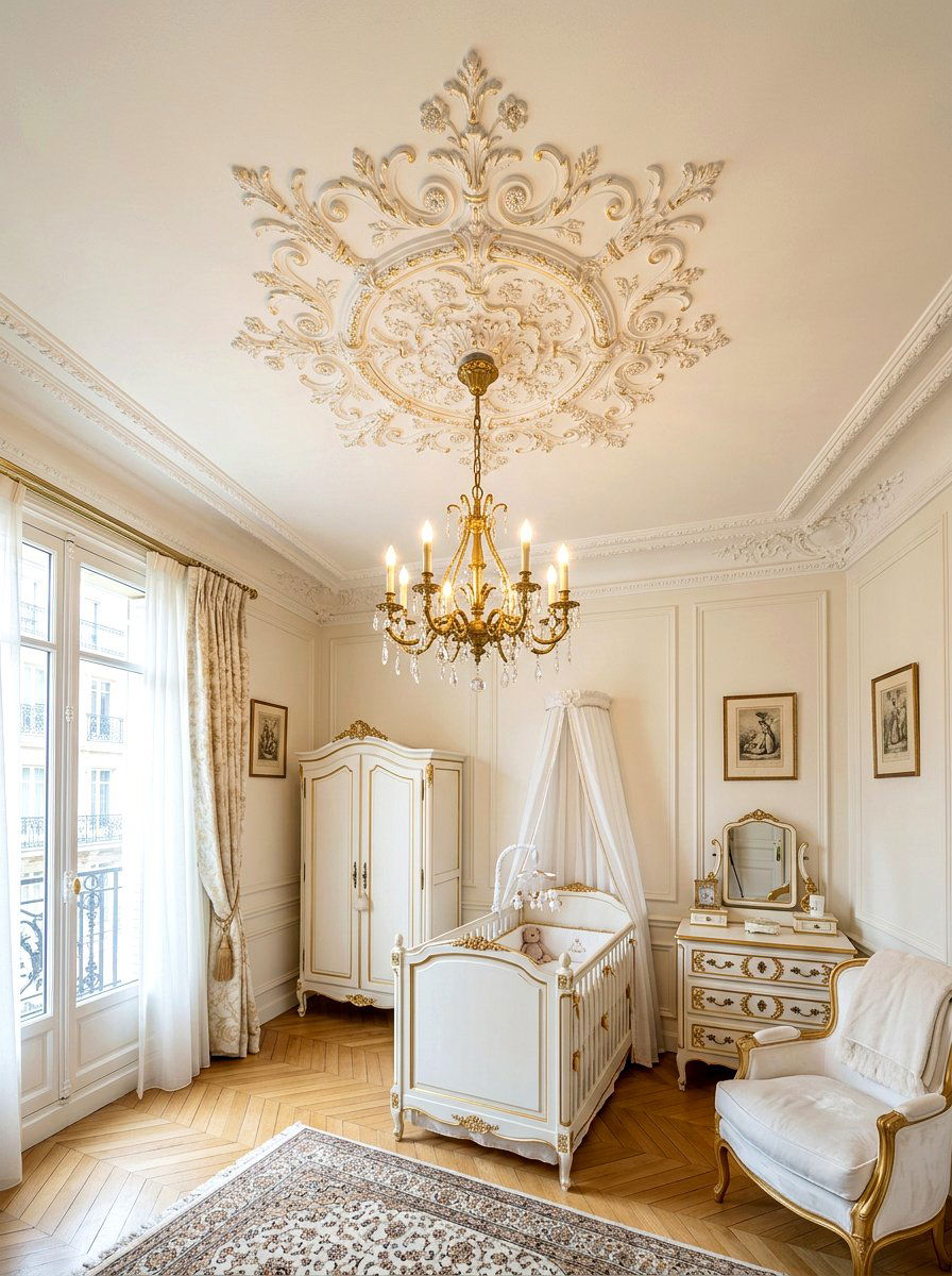 Ornate plaster ceiling rose nursery - 30 romantic baby room ideas