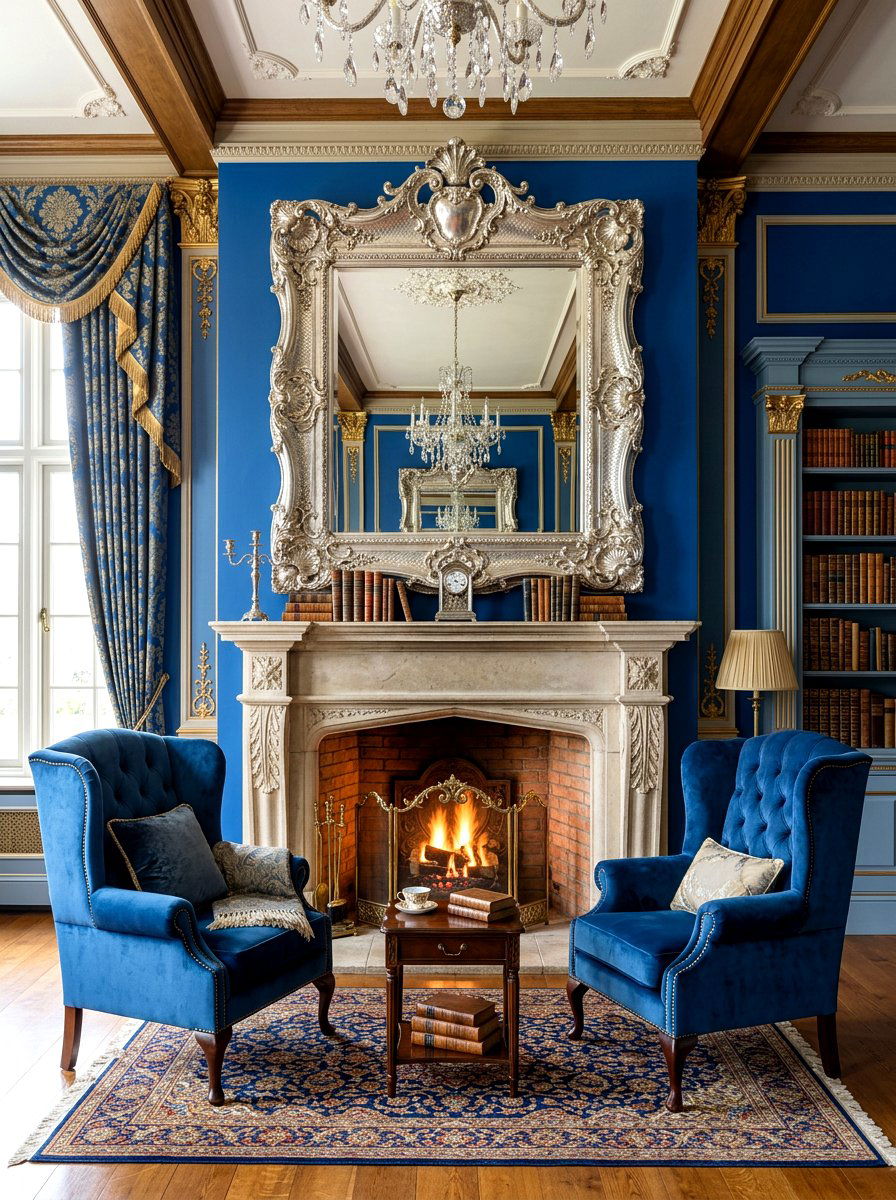 Ornate silver mirror fireplace recess - 30 mirror alcove ideas