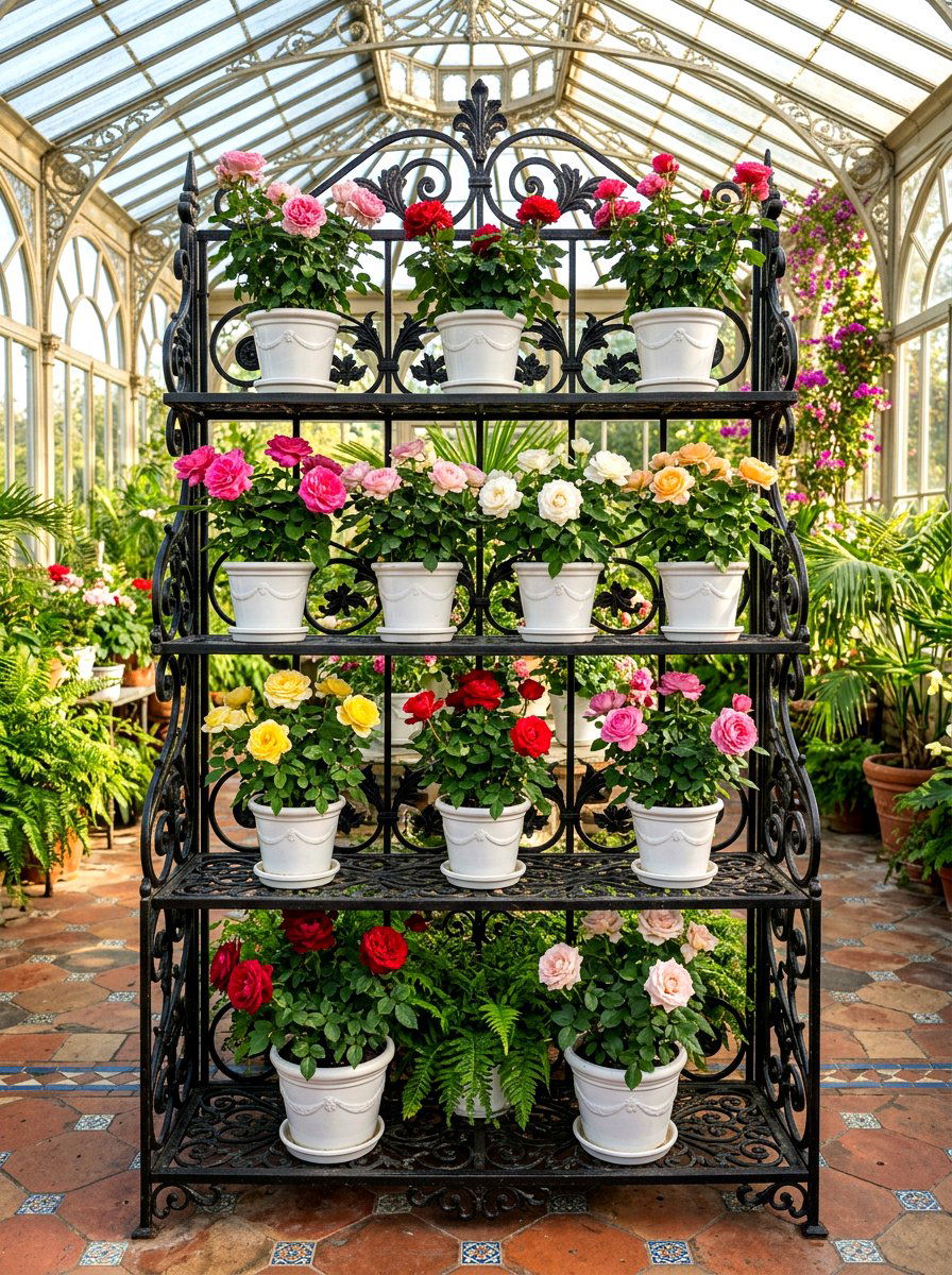 Ornate wrought iron shelves - 30 greenhouse shelving ideas