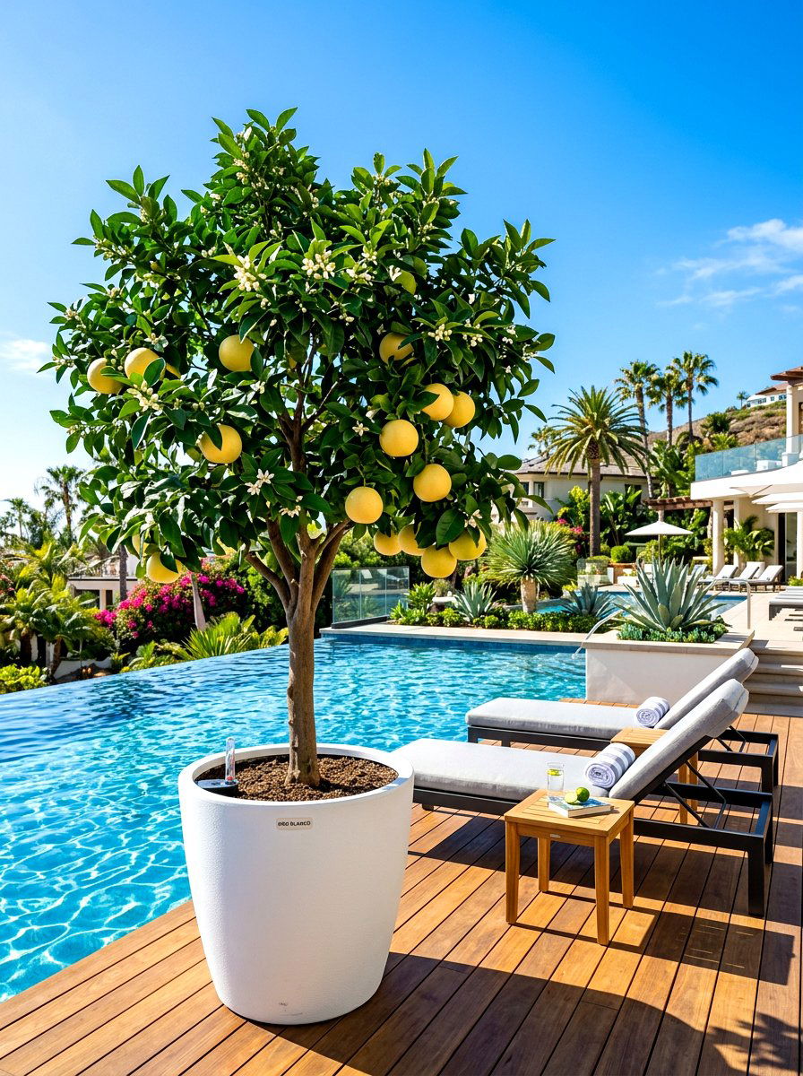 Oro Blanco Grapefruit Tree Poolside Deck - 30 citrus patio tree ideas