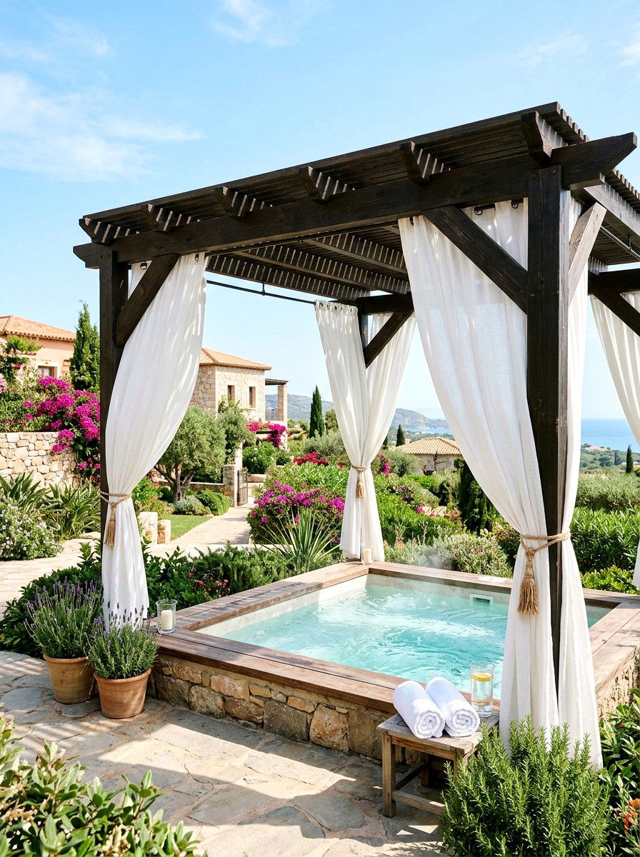 Outdoor Curtains On Pergola - 30 hot tub privacy fence ideas