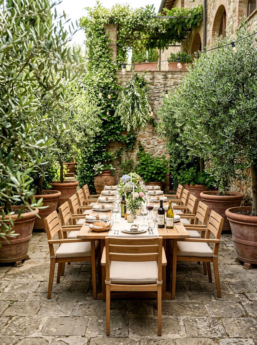 Outdoor Dining Area Greenery - 30 potted olive backyard ideas