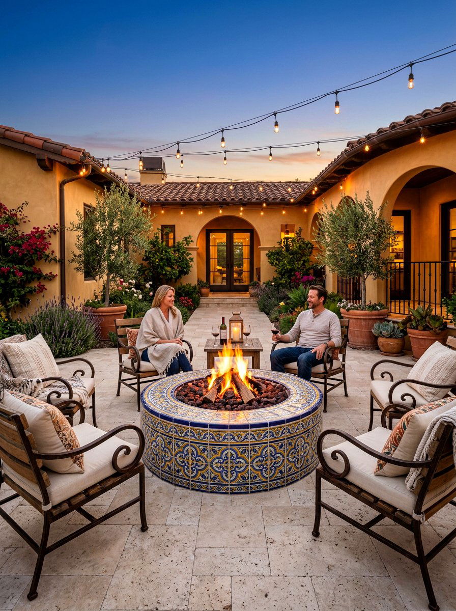Outdoor Fire Pit with Mediterranean Tiles - 30 Mediterranean backyard lounge ideas