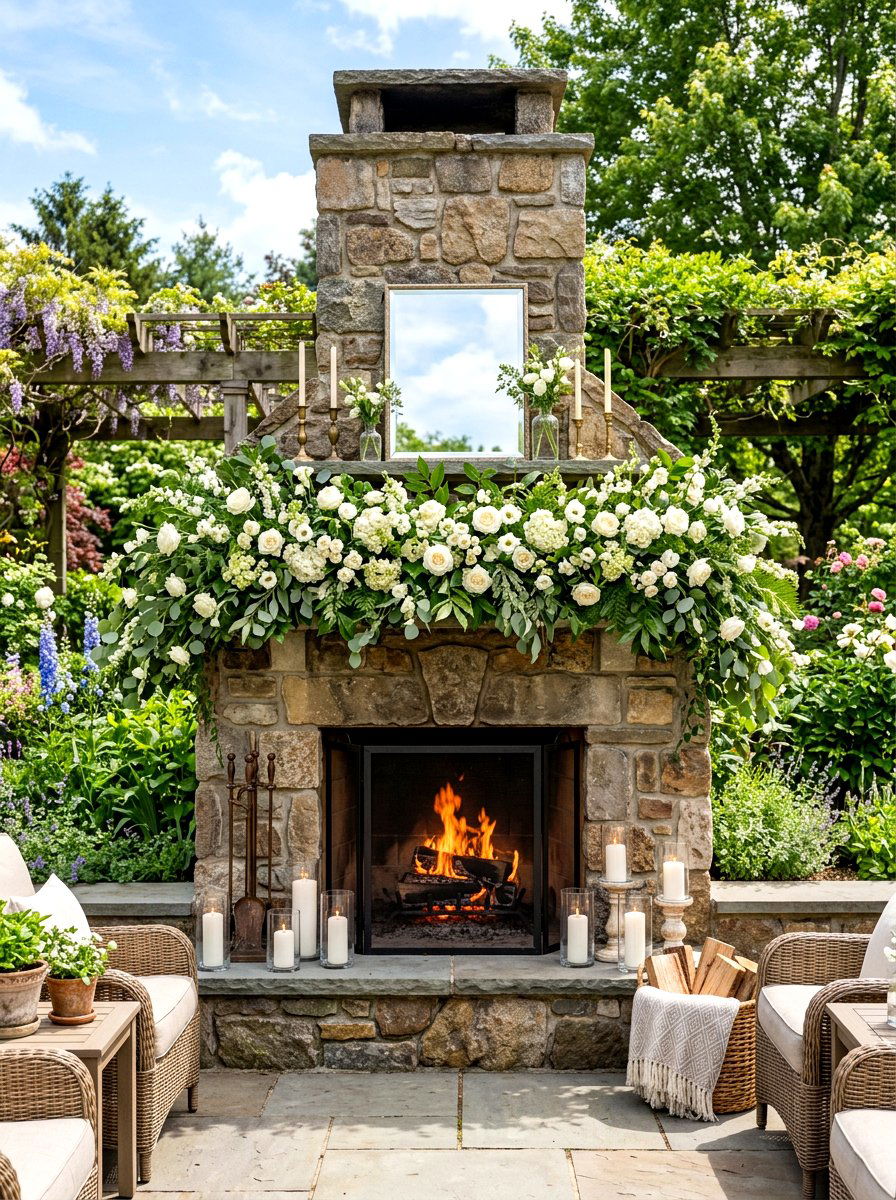 Outdoor Fireplace Floral Mantel - 30 backyard wedding decor ideas