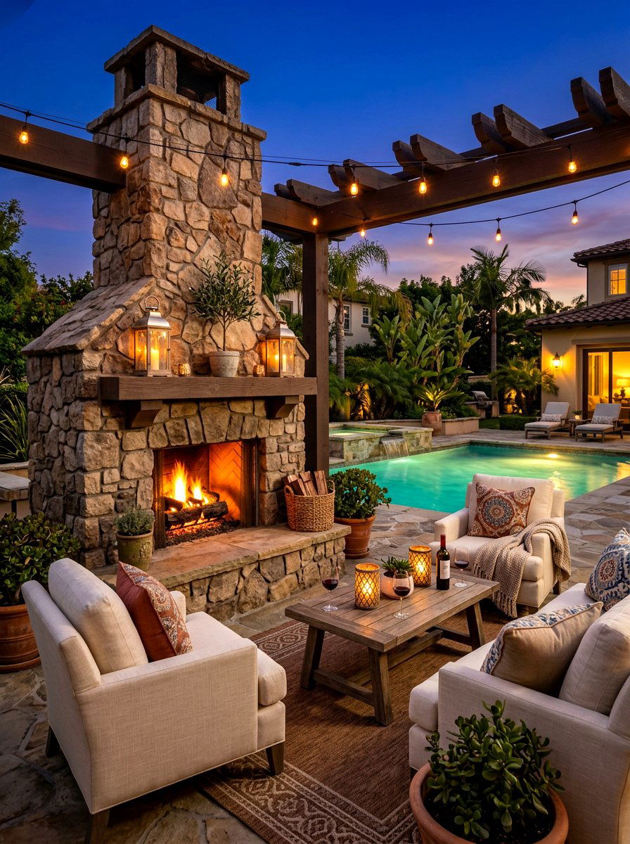 Outdoor Fireplace Seating - 30 Mediterranean pool patio ideas
