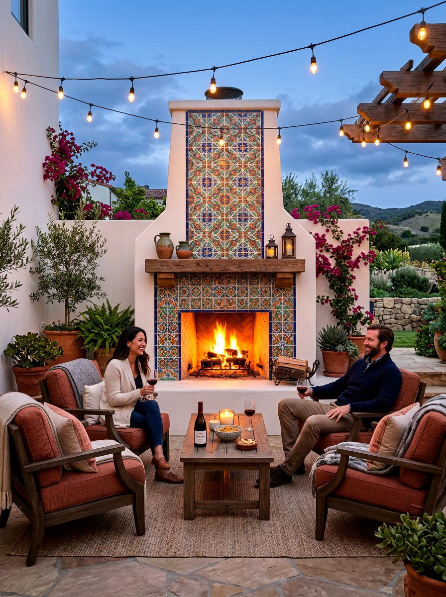 Outdoor Fireplace With Tiles - 30 Mediterranean patio ideas