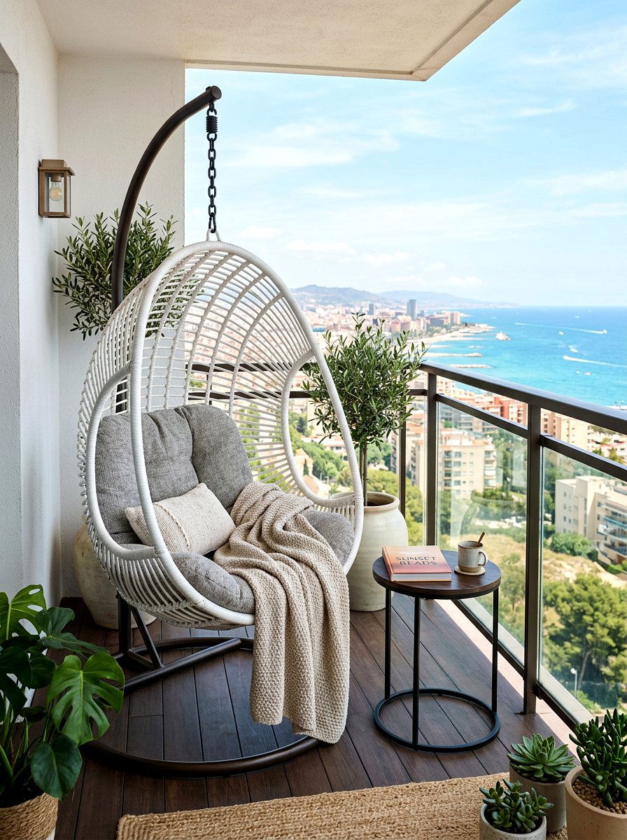 Outdoor Hanging Egg Chair - 30 tiny balcony seating ideas