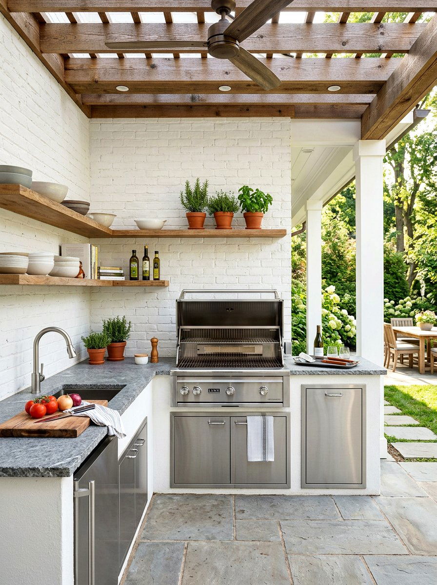 Outdoor Kitchen Brick Backdrop - 30 limewashed wall backyard ideas