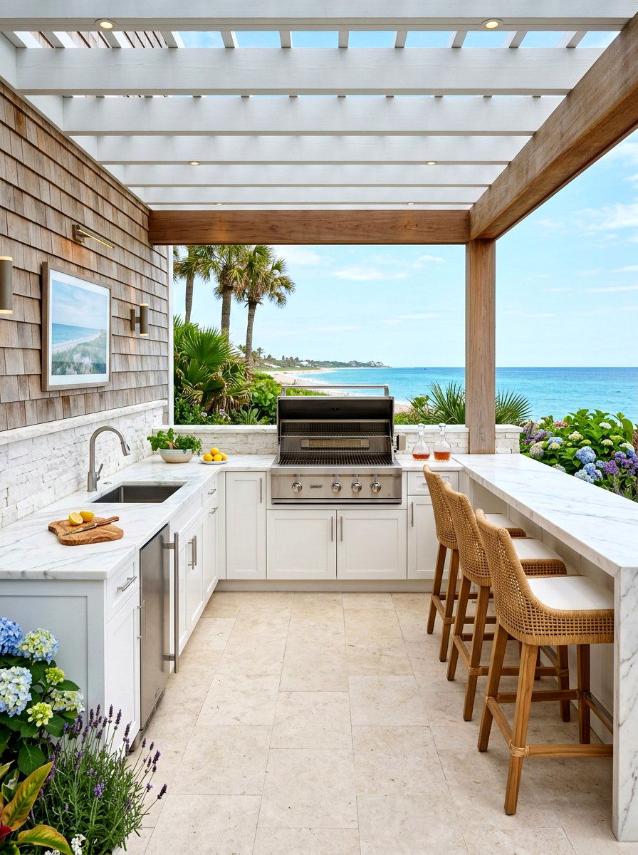 Outdoor Kitchen With Marble Counters - 30 Nancy Meyers patio ideas