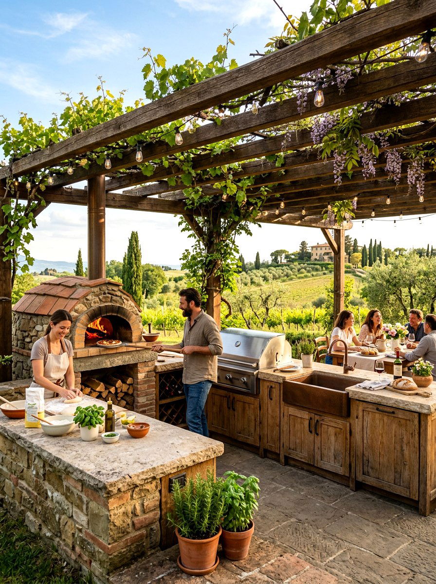 Outdoor Kitchen With Pizza Oven - 30 Mediterranean patio lounge ideas