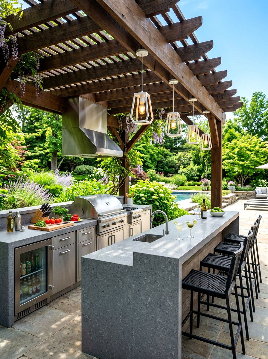Outdoor Kitchen with Bar - 30 backyard entertaining zone ideas