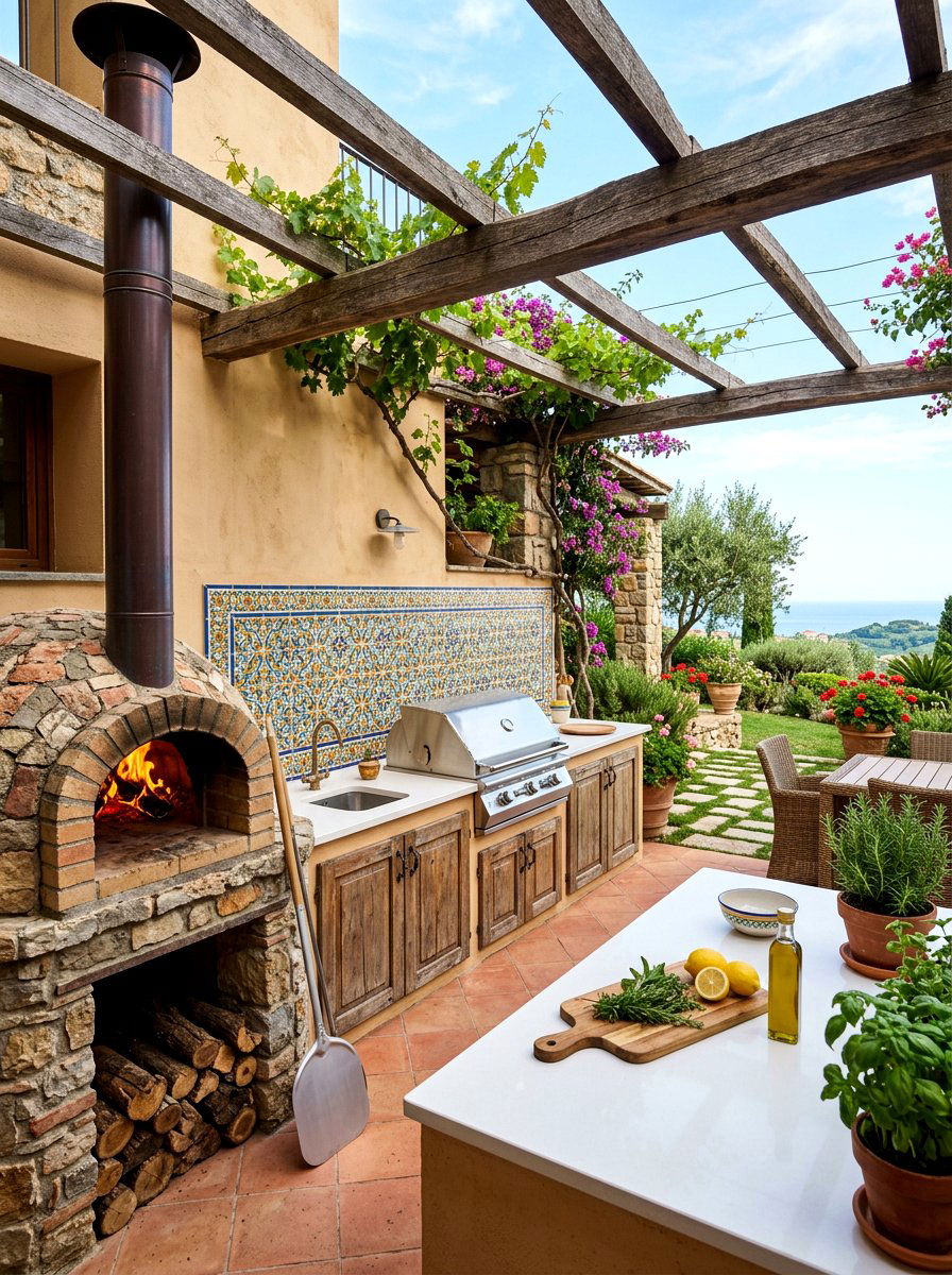 Outdoor Kitchen with Pizza Oven - 30 Mediterranean backyard lounge ideas