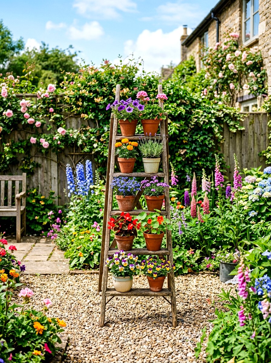 Outdoor Ladder Flower Display - 30 small planter ideas