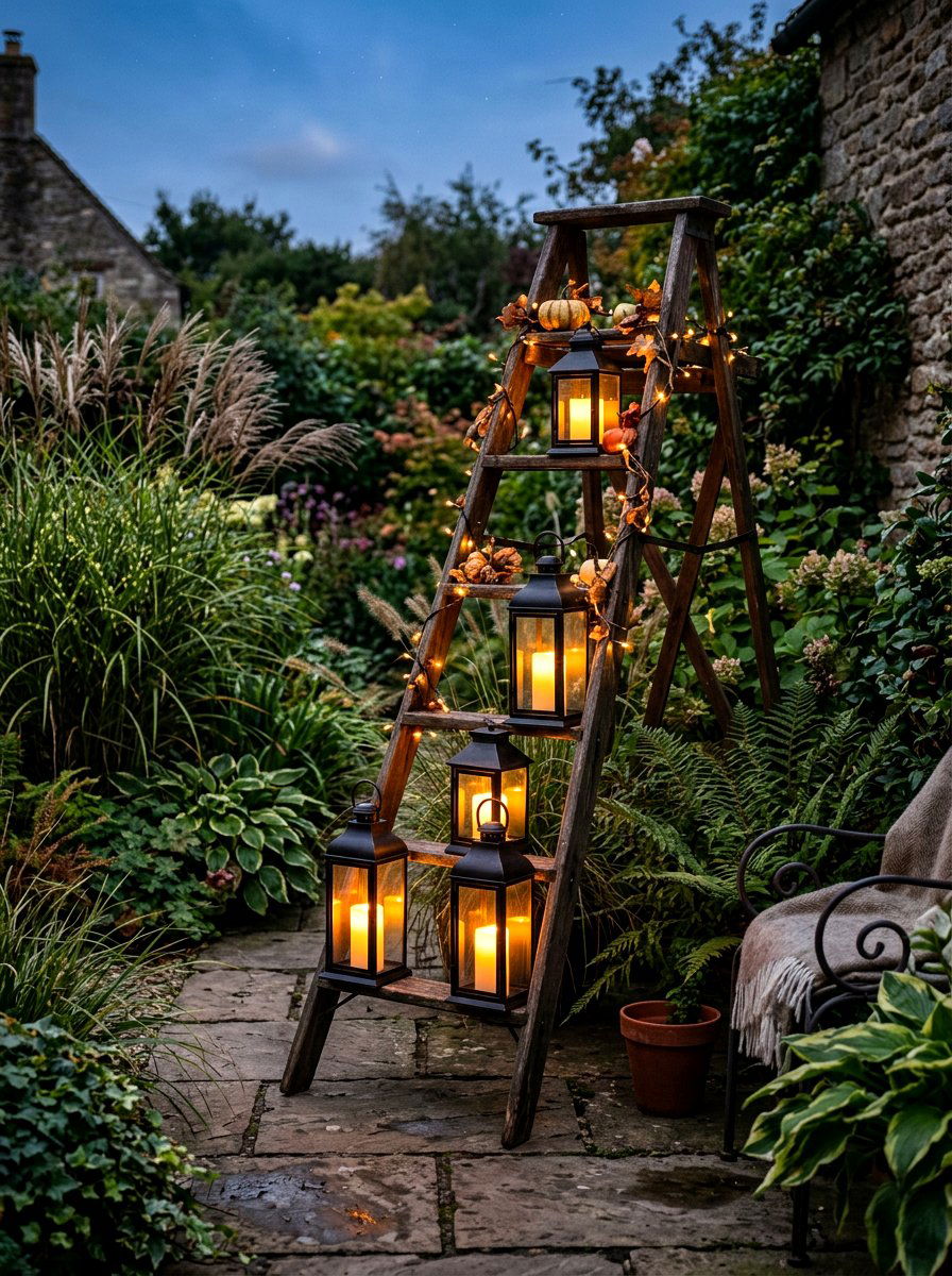 Outdoor Lantern Ladder - 30 repurposed ladder garden ideas