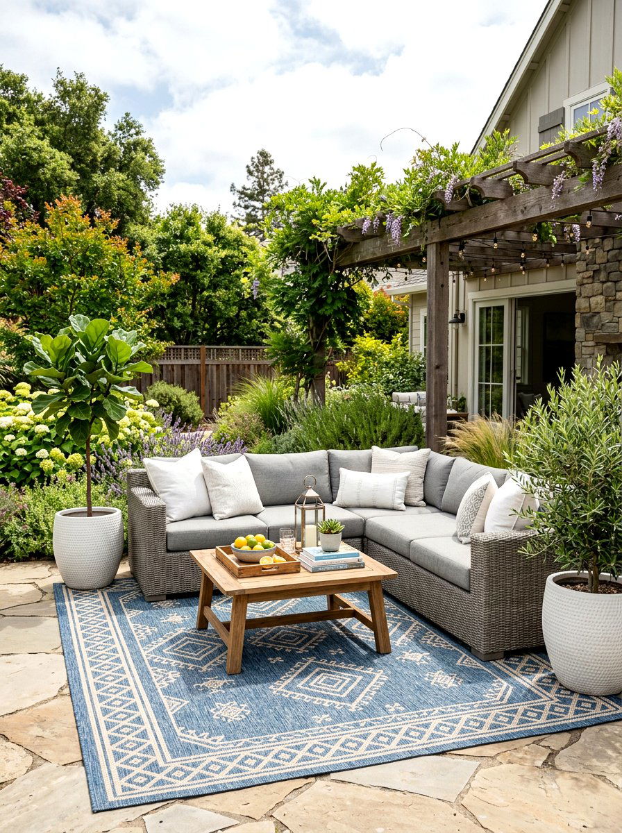 Outdoor Living Room with Rug - 30 backyard entertaining zone ideas