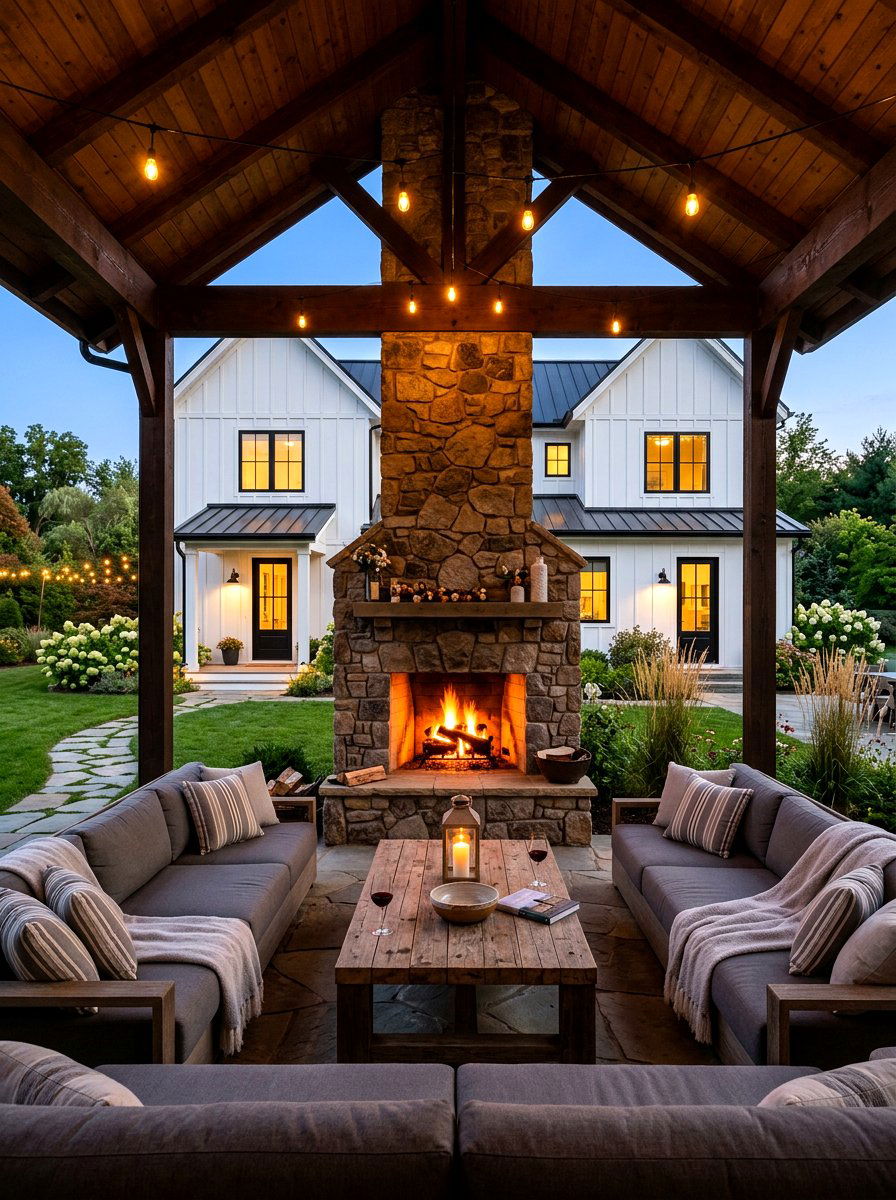 Outdoor Living Space With Fireplace - 30 modern farmhouse exterior ideas