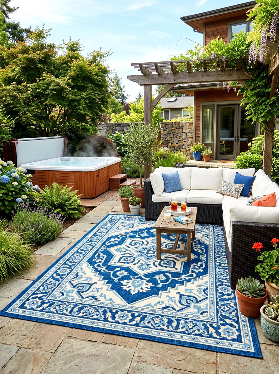 Outdoor Rug Area - 30 hot tub patio decor ideas aesthetic
