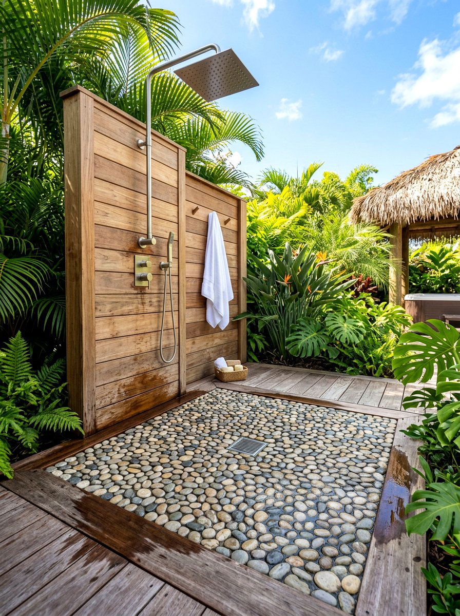 Outdoor Shower Floor - 30 pebble garden ideas