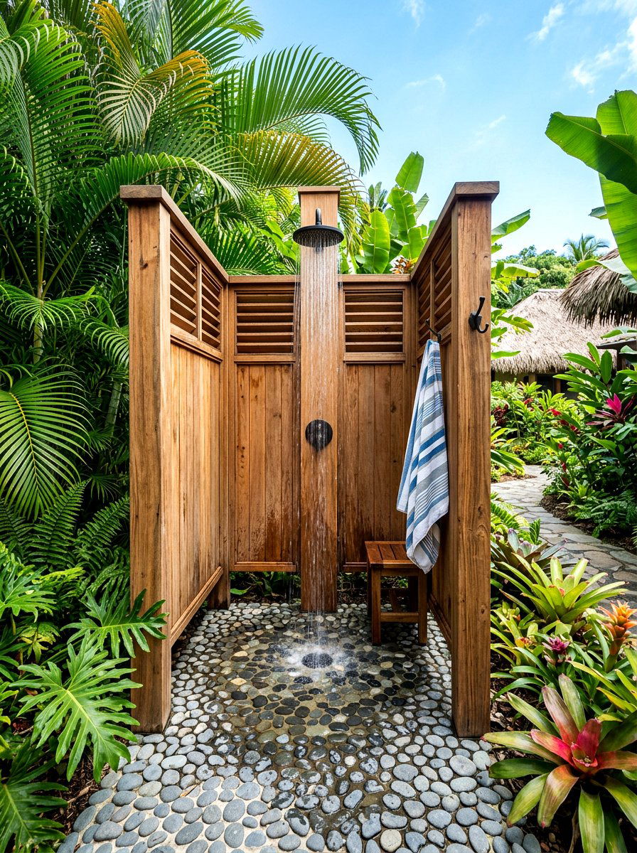 Outdoor Shower With Cedar Slats - 30 coastal backyard ideas