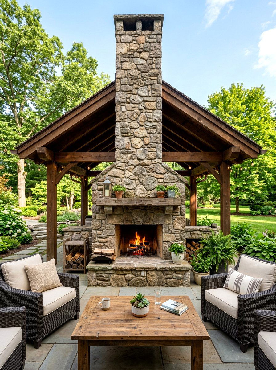 Outdoor Stone Fireplace - 30 covered patio lounge ideas