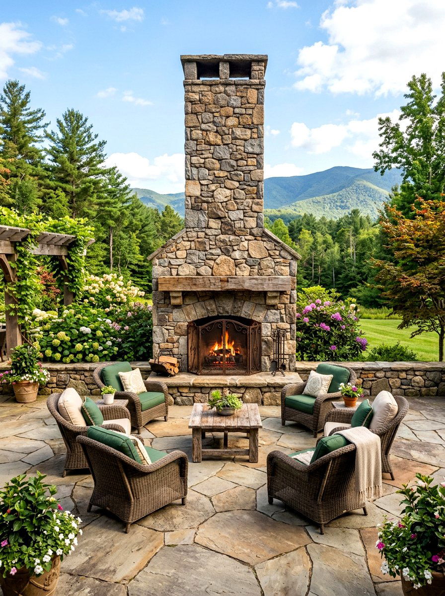 Outdoor Stone Fireplace - 30 backyard hosting aesthetic ideas