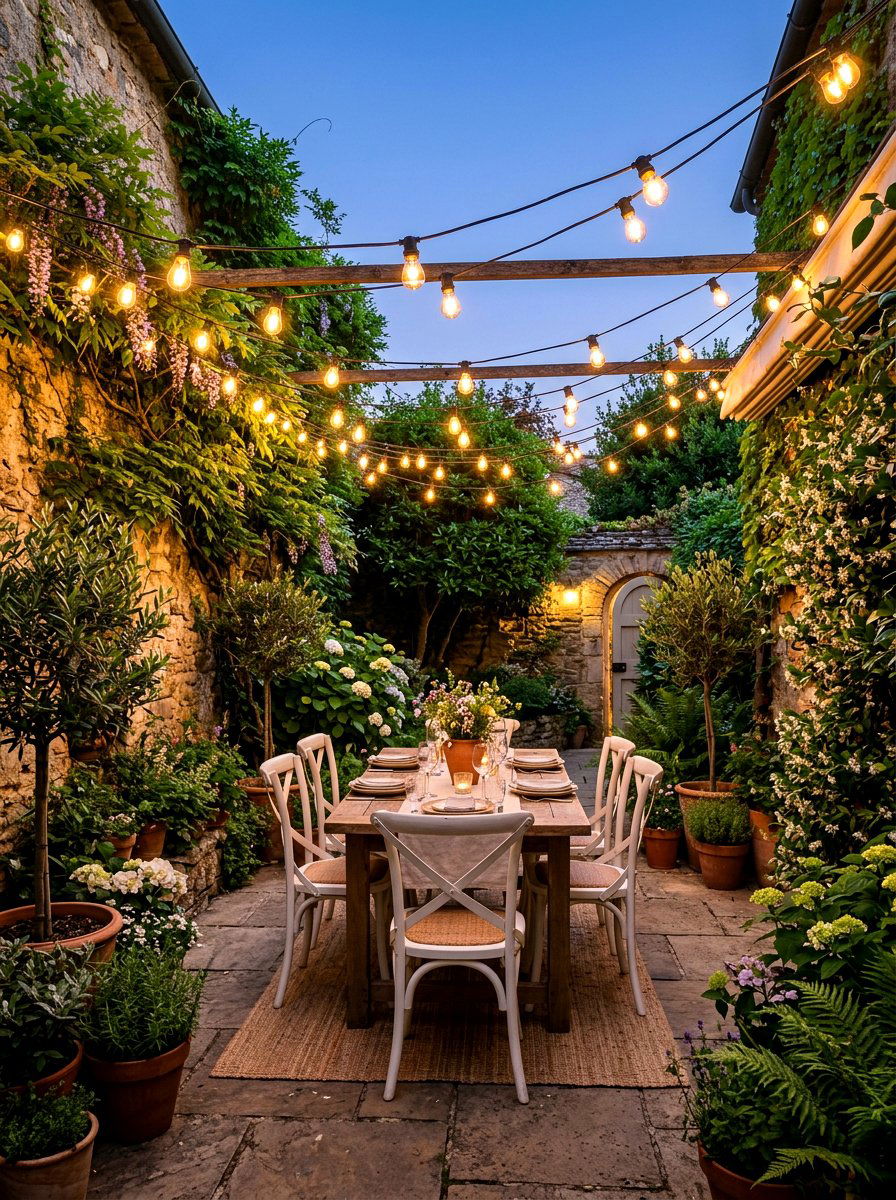 Outdoor String Lights - 30 shady courtyard garden ideas