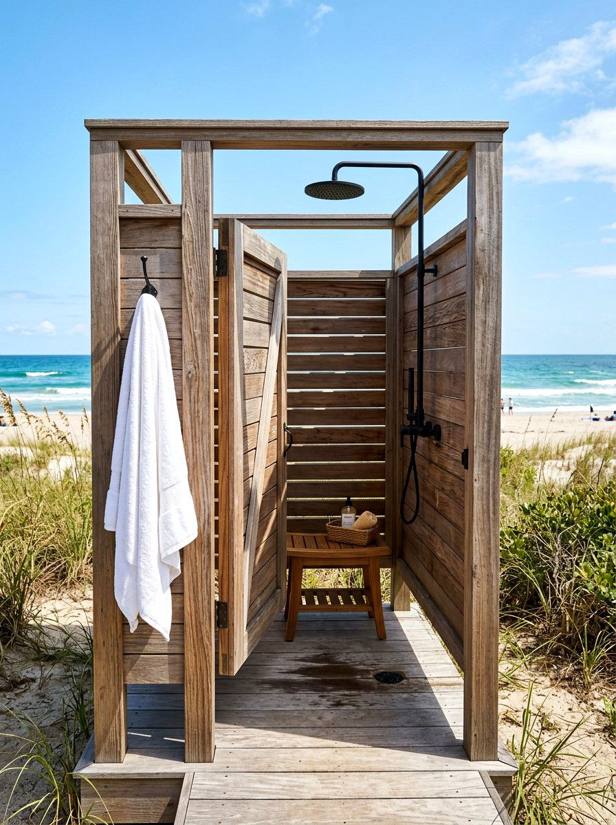Outdoor beach shower - 30 beach house patio ideas