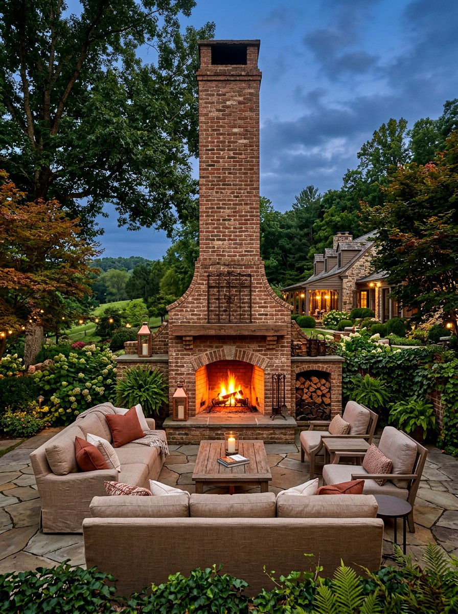 Outdoor brick fireplace - 30 farmhouse backyard ideas