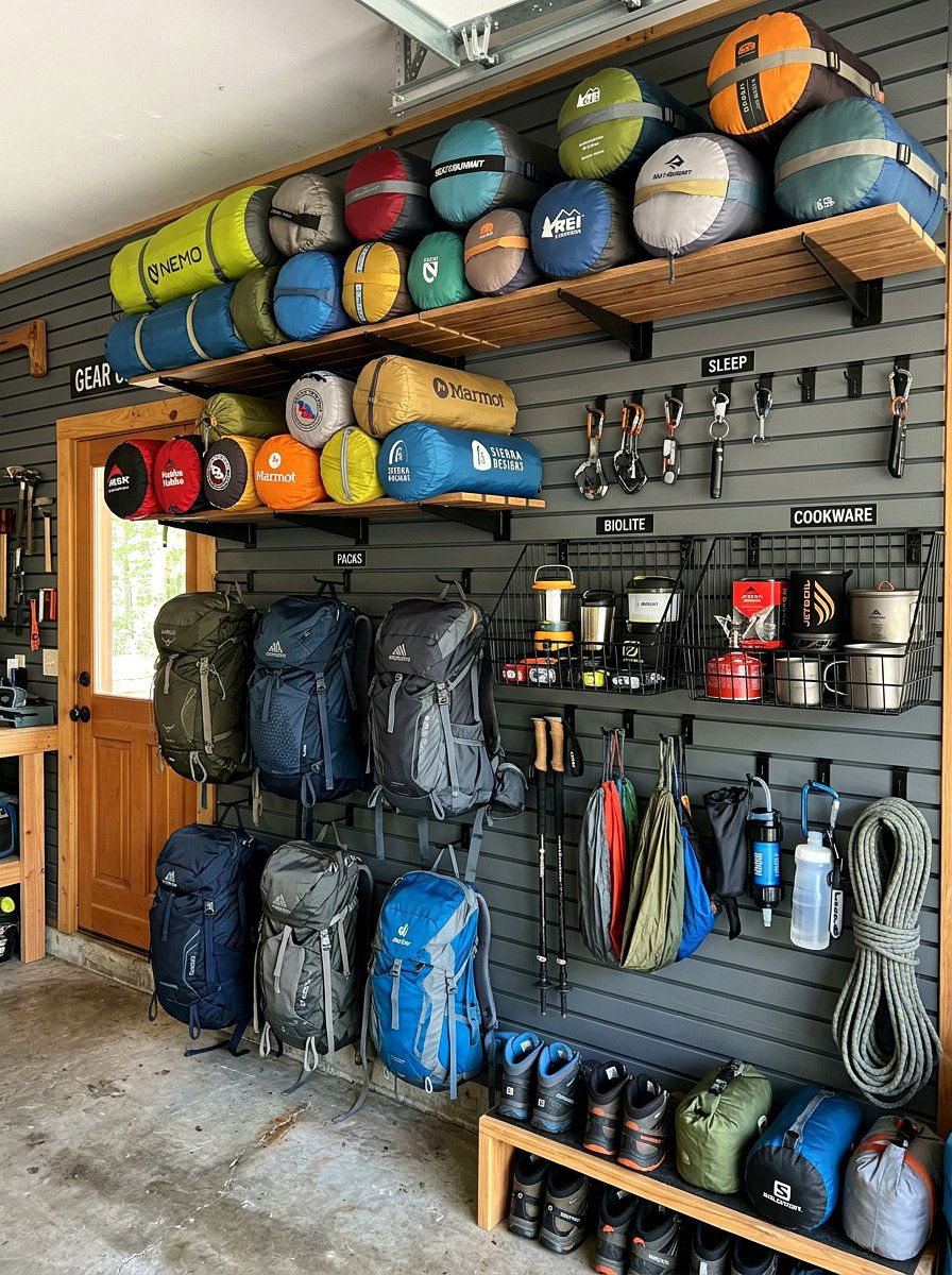 Outdoor camping gear wall - 30 garage slatwall ideas