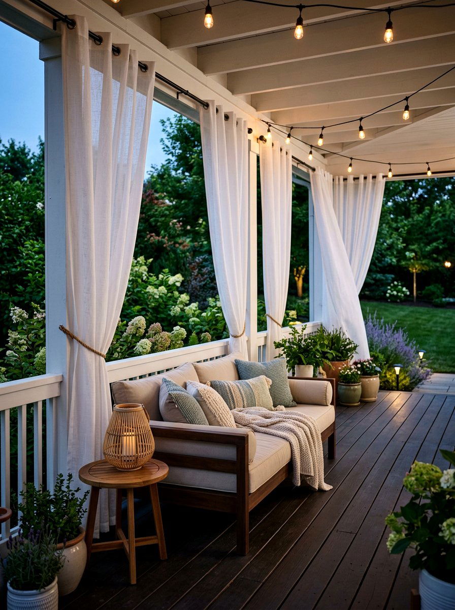 Outdoor curtains - 30 cozy evening porch ideas
