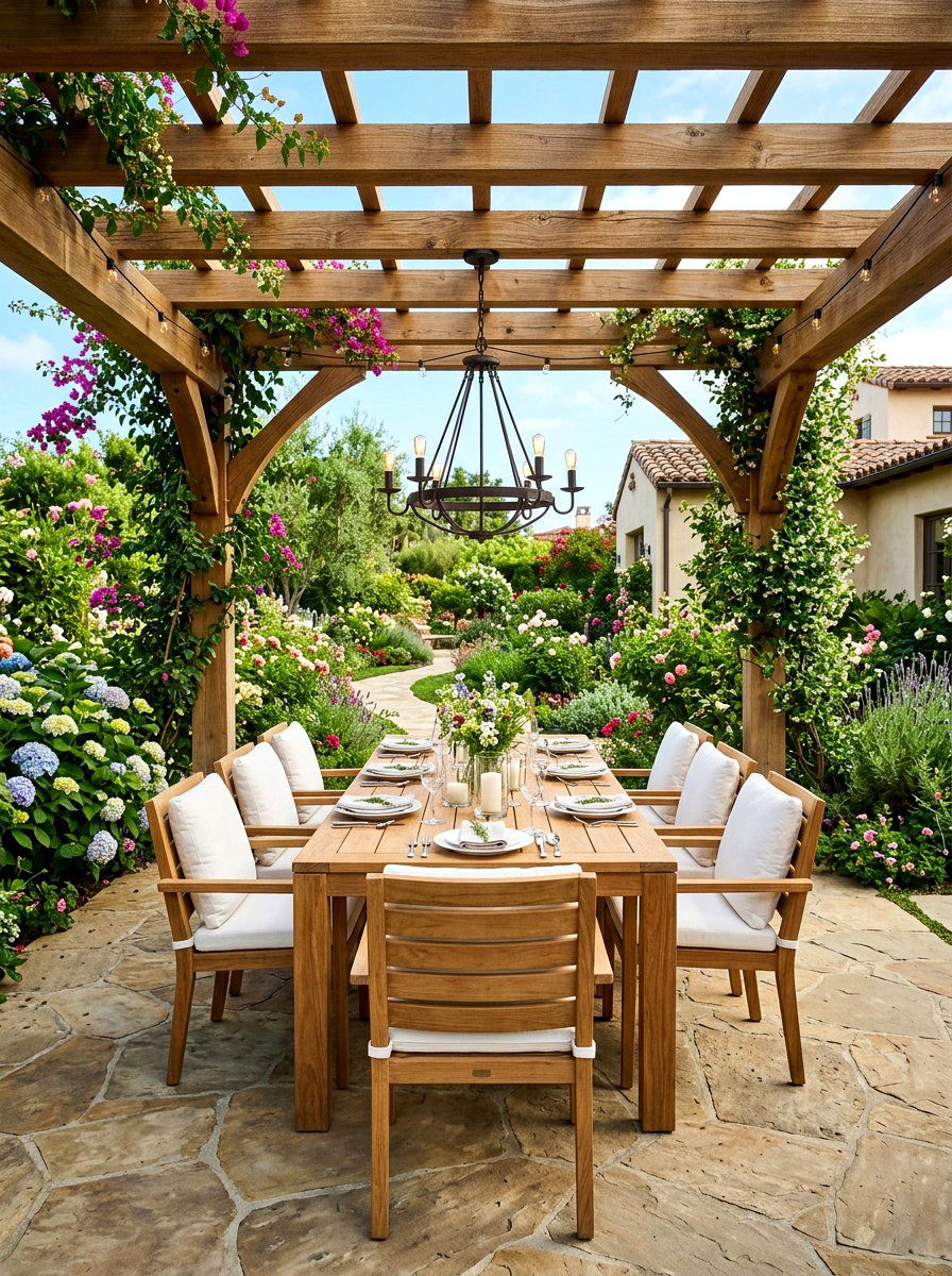 Outdoor dining pergola furniture - 30 open pergola seating ideas