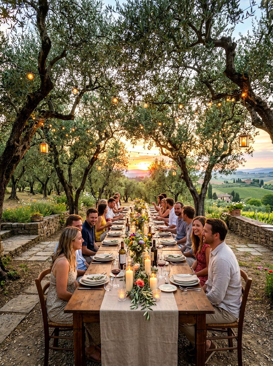 Outdoor dining under olive trees - 30 olive grove backyard ideas