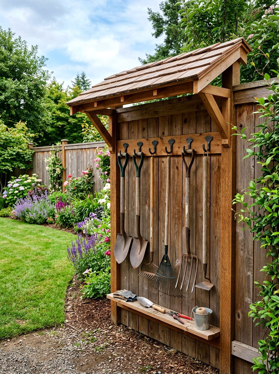 Outdoor fence tool storage - 30 garden tool wall ideas