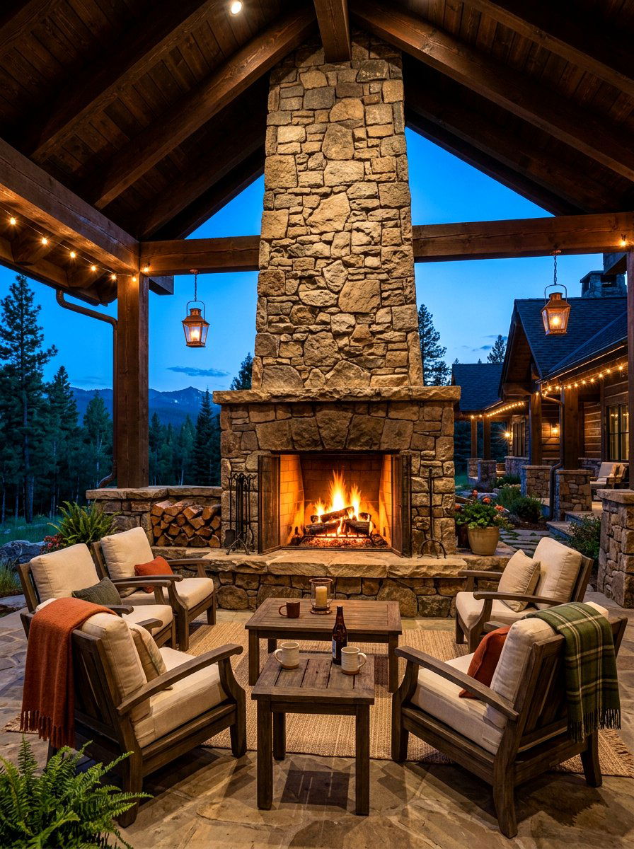 Outdoor fireplace - 30 lake house porch ideas