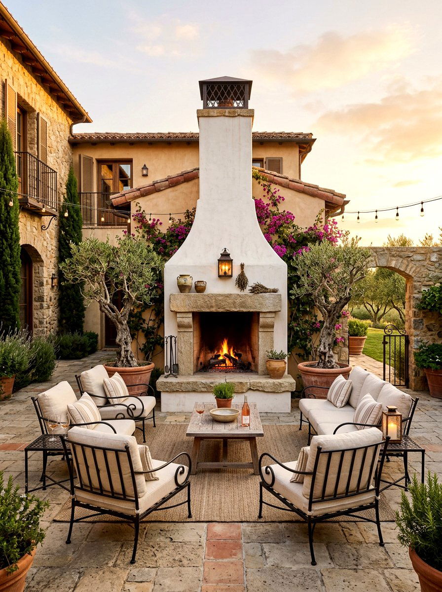 Outdoor fireplace courtyard - 30 Mediterranean front courtyard ideas