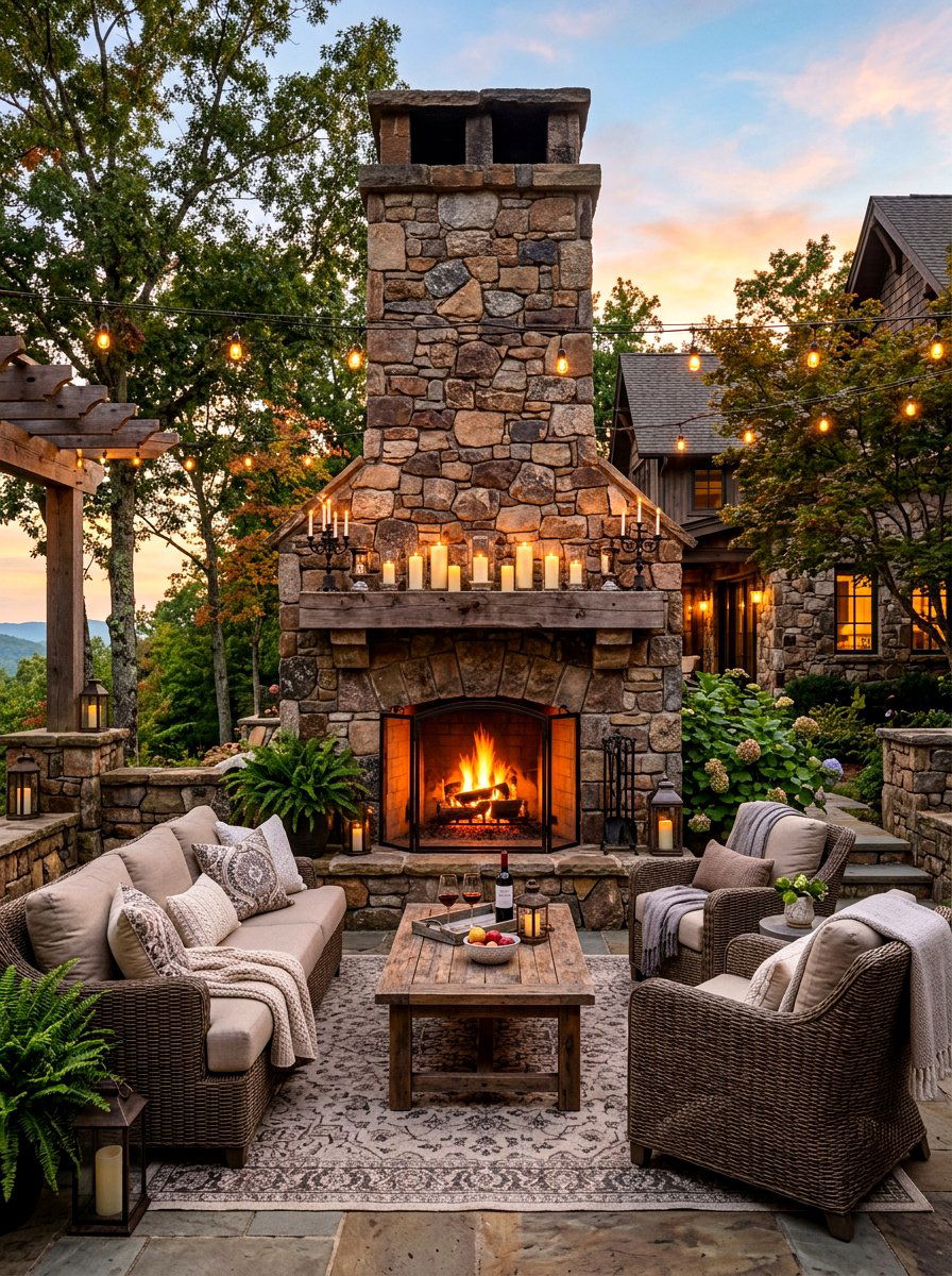 Outdoor fireplace seating area - 30 starlit patio hosting ideas